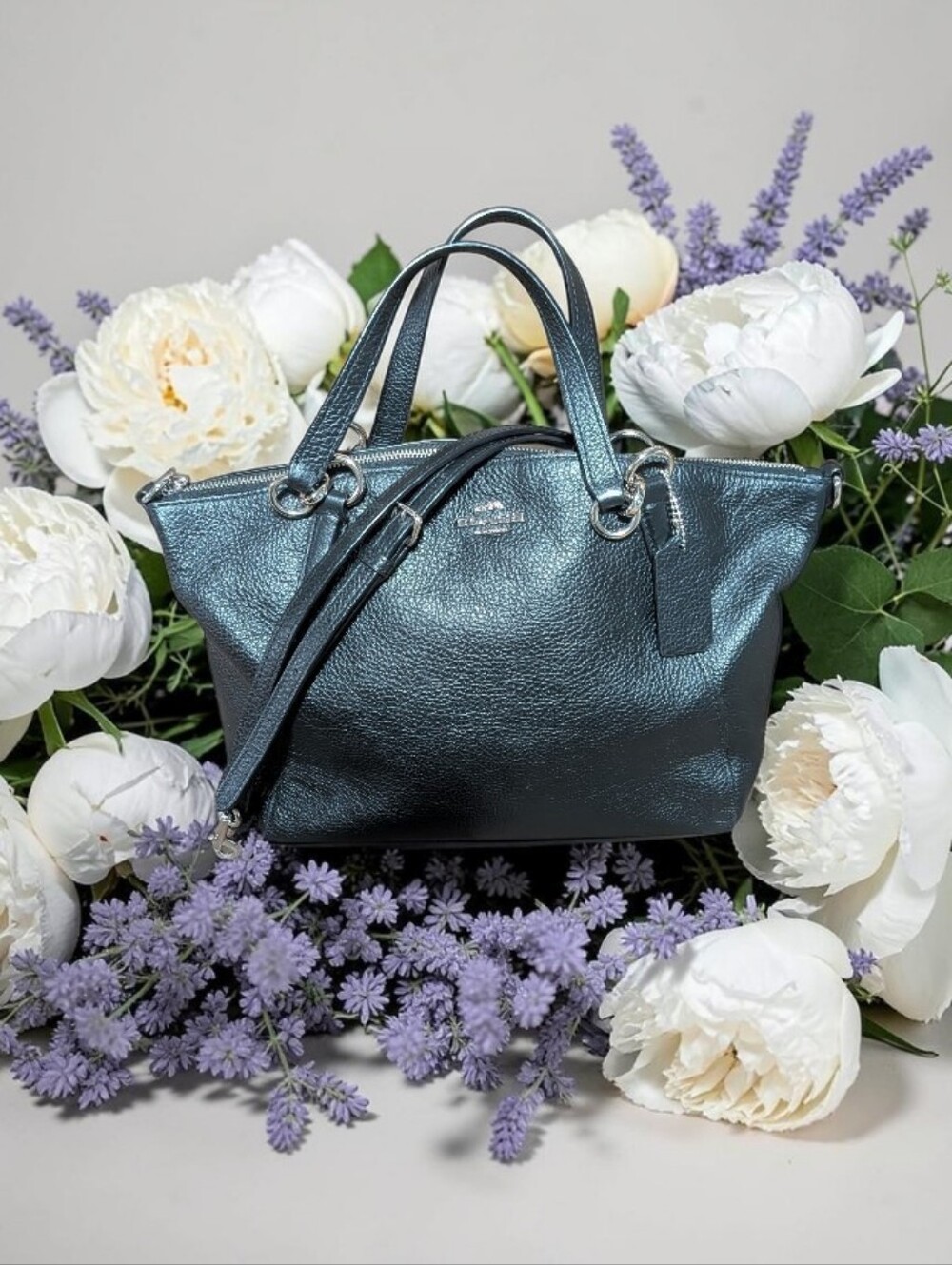 Coach Kelsey Metallic Teal Leather Tote with Crossbody Strap